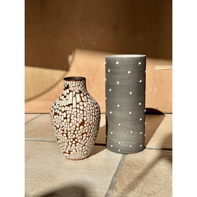 Anthracite Glazed Studio Ceramic Vase Glazed with White Beaded Dots by Johannes Andreas Urban, Germany, 1980s For Sale - Image 10 of 13