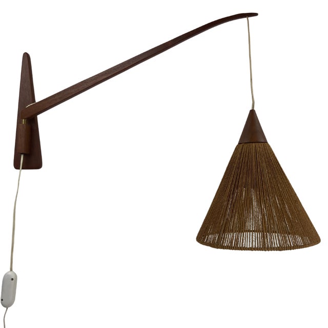Teak Sisal and Brass Arc Swing Wall Lamps attributed to Temde, Switzerland, 1960s, Set of 2 For Sale - Image 14 of 18