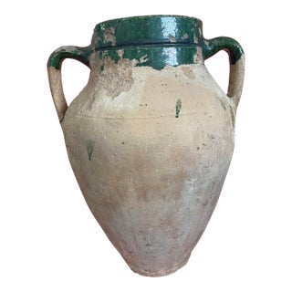 Antique 19th Century Turkish Terracotta Olive Oil Jar With Green Glaze Patina For Sale