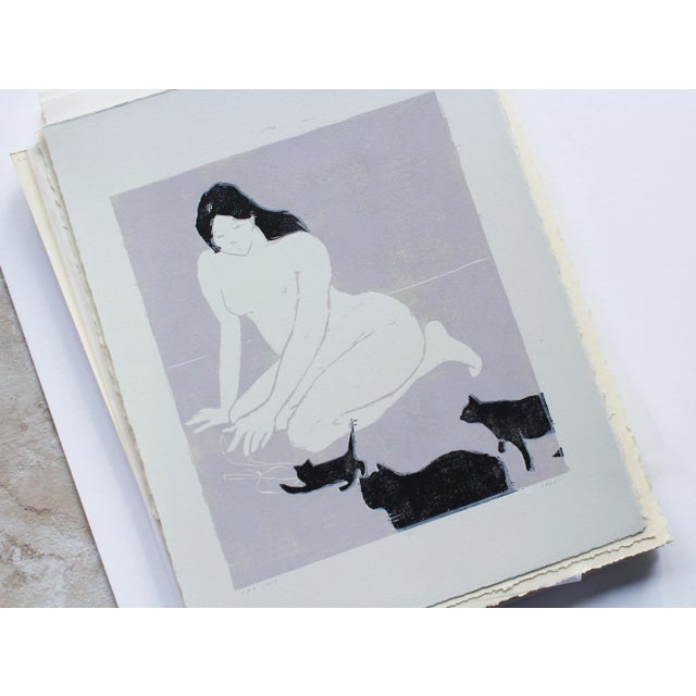 Contemporary Cat Lady Original Woodblock Print by Michelle Farro For Sale - Image 3 of 12