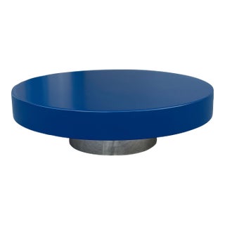1960s Mid Century Blue Round Coffee Table With Chrome Base Styled After Willy Rizzo For Sale