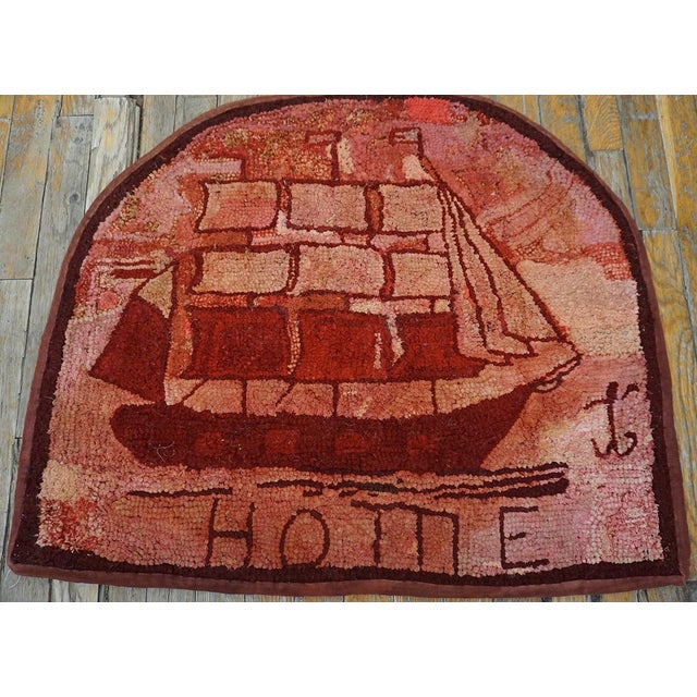 Late 19th Century American Hooked Rug with Nautical Theme ( 2'3" x 2'8"-68 x 82) Wool Oval Antique American Hooked Small...