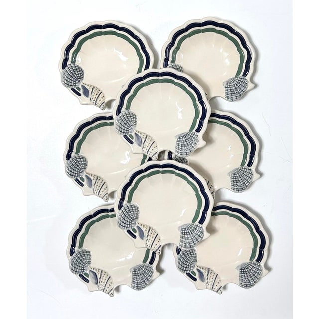 Vintage Coastal Shell Dishes Nautical Appetizer Plates, Blue Green Scallop Edge Seafood Serveware - Set of 8 For Sale - Image 4 of 10