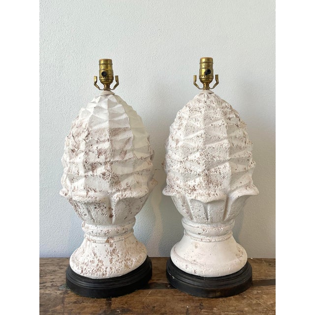 Eggshell Vintage Plaster Artichoke Lamps - A Pair For Sale - Image 8 of 12