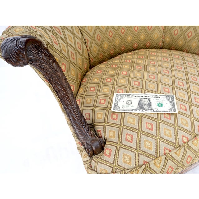 Wood Pair of Antique Carved Mahogany Upholstered Fireside Arm Chairs For Sale - Image 7 of 13