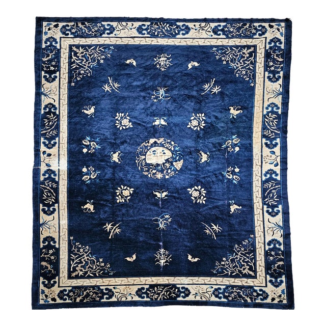 Antique Chinese Art Deco Rug, Hand-Knotted Wool Pile, Floral Motifs, 9' x 12' For Sale