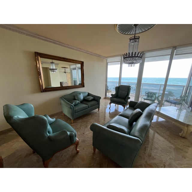 Animal Skin Ethan Allen Style Leather Chippendale Two/Three Seat Sofa and Wing Chair Set For Sale - Image 7 of 7