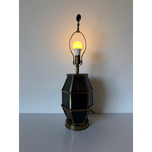 Vintage Hollywood Regency Brass & Black Leather Geometric Table Lamp For Sale - Image 4 of 13
