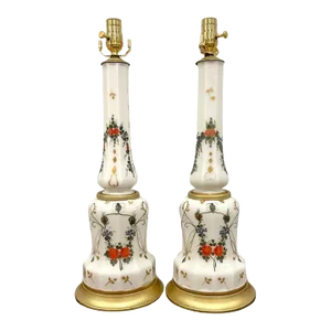 Italian Neoclassical Floral Enameled Opaline Glass Column Lamps - a Pair