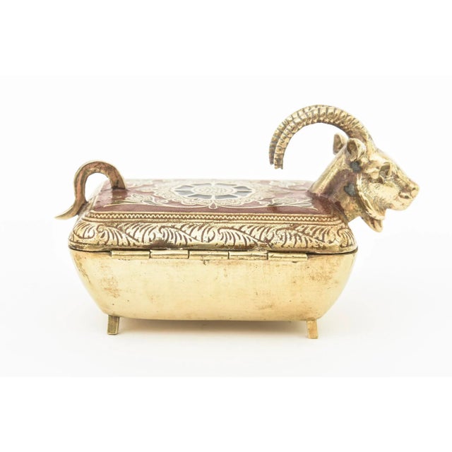 Vintage Brass Rams Head Hinged Small Box With Enamel Design For Sale In Miami - Image 6 of 12