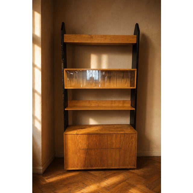Vintage Czechoslovak Modular Wall Unit with Veneer Cabinets and Black Wooden Supports, 1970s For Sale - Image 3 of 13
