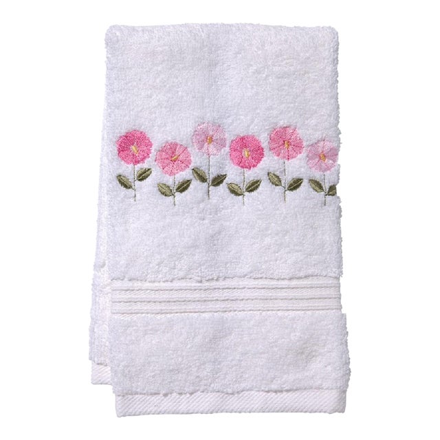 Pink Row of Flowers Guest Towel White Terry, Embroidered For Sale