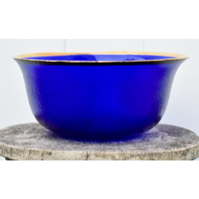 Mid-Century Modern Vintage Cobalt Blue Glass Bowl Gold Rim Textured Pebble Art Glass For Sale - Image 3 of 15