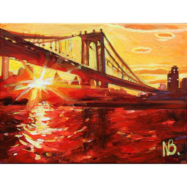 "Sunset Over Brooklyn Bridge" Original Expressionist Cityscape Acrylic Painting by Natalia Bessonova For Sale - Image 4 of 4