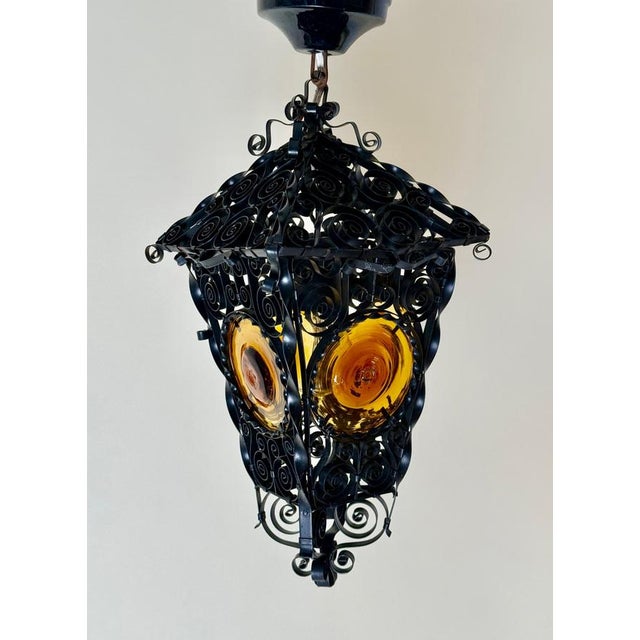 Venetian-Style Handcrafted Lantern Lamp with Amber Glass Panels, 1960s For Sale - Image 4 of 18