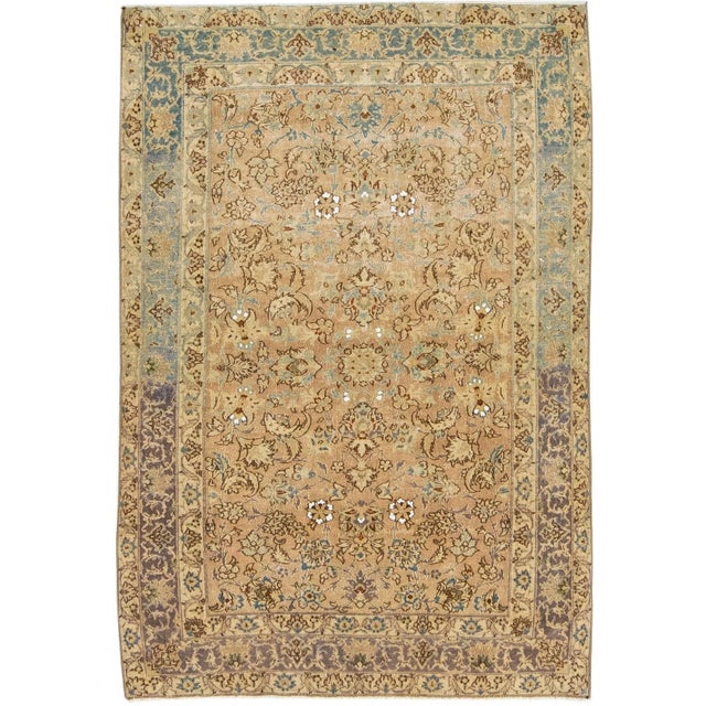 Handmade Tan Antique Persian Kirman Wool Rug With Allover Floral Motif For Sale In New York - Image 6 of 6