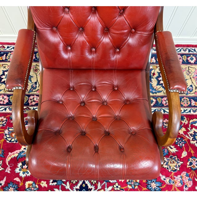Vintage English Chesterfield Style Tufted Campeche Chair Ottoman Red Leather For Sale - Image 13 of 17