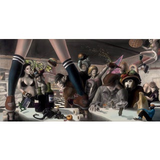 Gluttony by Shay Davis | Oil Painting of a chaotic scene with food and drink consumption For Sale