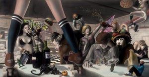 Gluttony by Shay Davis | Oil Painting of a chaotic scene with food and drink consumption