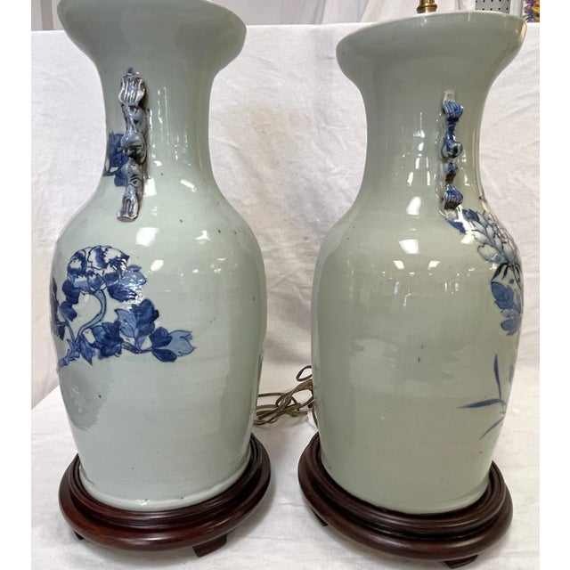 Wood Vintage Hand Painted Celadon Vases Converted to Lamps- a Pair For Sale - Image 7 of 13