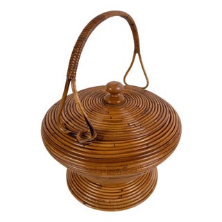 Rattan and Cane Basket with Lid in the style of Vivai Del Sud, 1960s For Sale