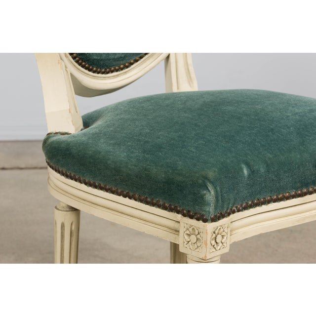 Antique French Louis XVI Style Painted Dining Chairs in Teal Mohair - Set of 8 For Sale - Image 13 of 18