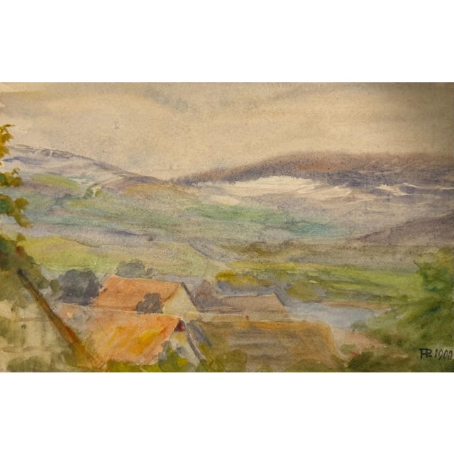 Brown Heinrich Pforr, Wide Hilly Landscape with Village and Distant View, Watercolor For Sale - Image 8 of 11