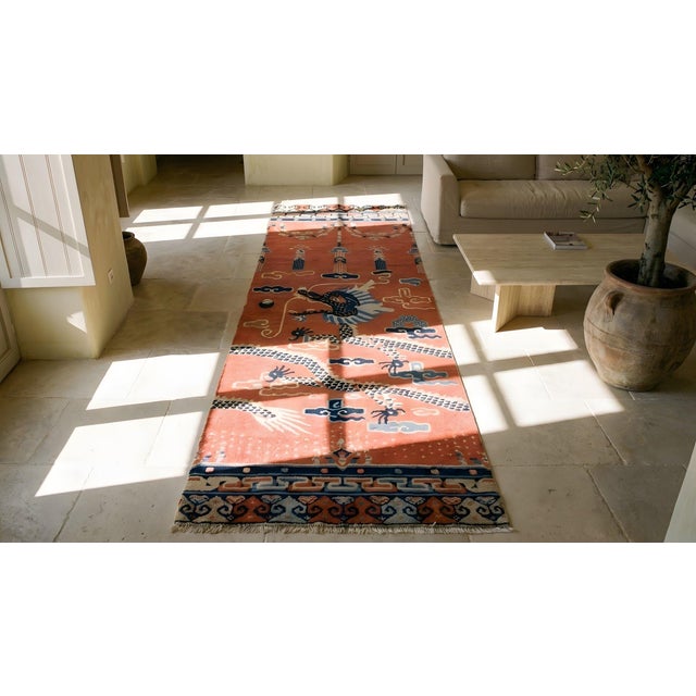 Textile A Greek Key Pattern in a Salmon Background Color Antique Chinese Ningxia Pillar Rug For Sale - Image 7 of 8