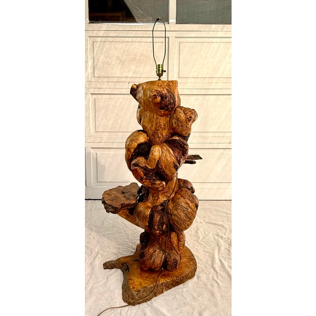 Brown 1960s One-of-a-Kind Artist-Made Burl Wood Floor Lamp With Live Edge Display Shelves For Sale - Image 8 of 12