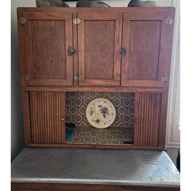 Rustic Antique Oak Hoosier Kitchen Cabinet With Slide-Out Zinc Counter & Tambour Doors For Sale - Image 3 of 9