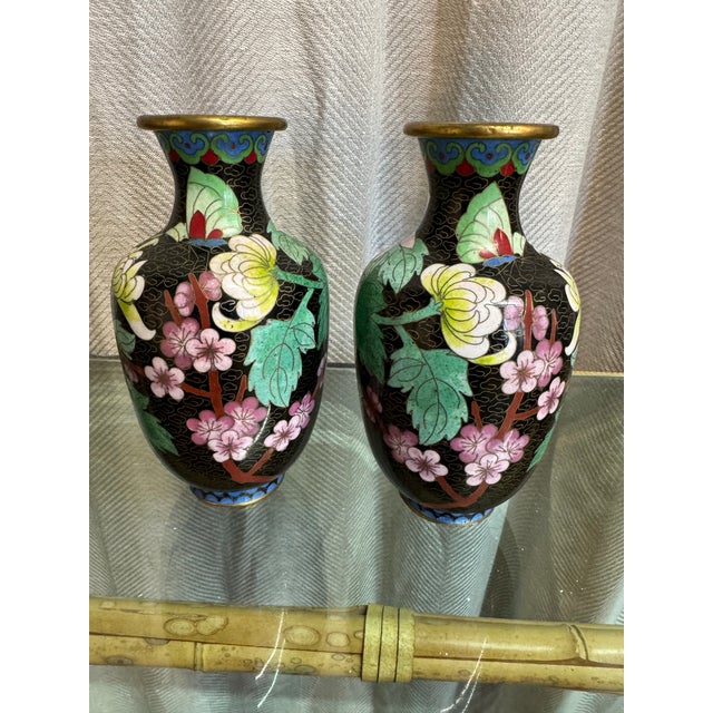 Early 20th Century Peonies Cloisonné Vases Pair For Sale - Image 5 of 5