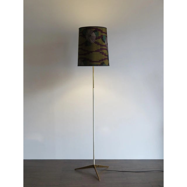 Stilnovo floor lamp with brass base and silk shade redone with ancient Japanese kimono, original adhesive label...