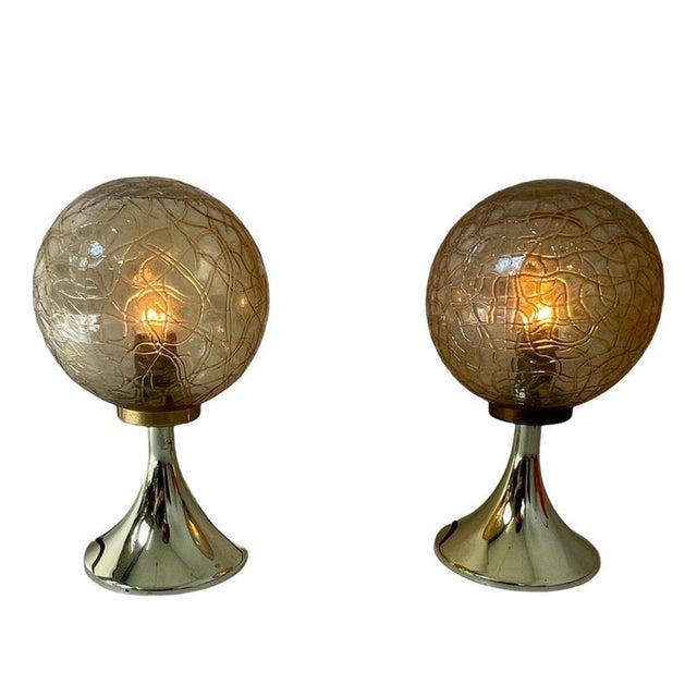 Bedside Table Lamps with Gold Colored Base and Patterned Glass Shade from Briloner Leuchten, Germany, 1970s, Set of 2 For Sale - Image 9 of 9