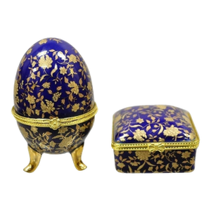 Vintage Cobalt Blue Porcelain Egg Gold Gilt Hinged Lid Candle Trinket Box - 2 Pc