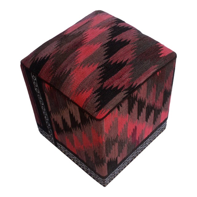 Shabby Chic Pink Black Kilim Upholstered Handmade Ottoman For Sale