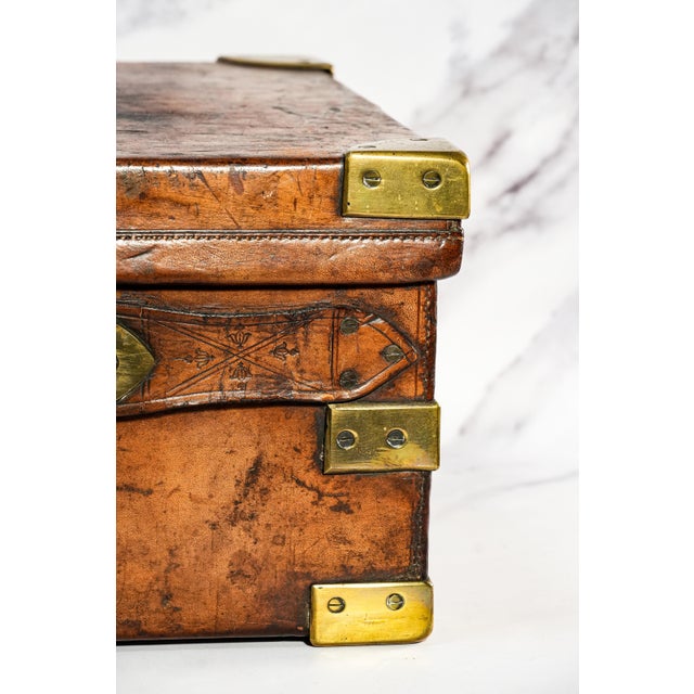 Brass Stately Antique English Leather Ammunition Case 19th Century Wood Stand For Sale - Image 8 of 18