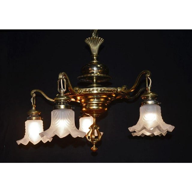 Art Deco French Brass Five-Light Chandelier with Opaline Glass Shades, 1920s For Sale - Image 9 of 18