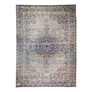 19th Century Oversized Persian Kerman Lavar Rug, Hand-Knotted Wool, Floral Pattern, Ivory & Blue, 11’ X 17’ For Sale