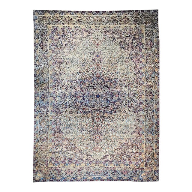 19th Century Oversized Persian Kerman Lavar Rug, Hand-Knotted Wool, Floral Pattern, Ivory & Blue, 11’ X 17’ For Sale