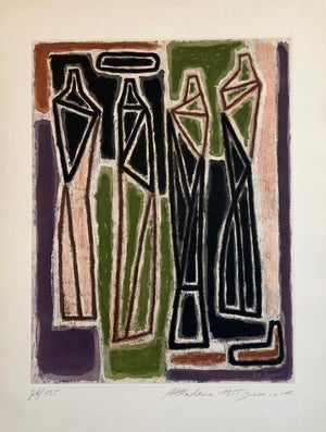 Aharon Kahana, 1959 Israeli Aharon Kahana Modernist Aquatint Etching Judaica Rabbi & Students, c.1959