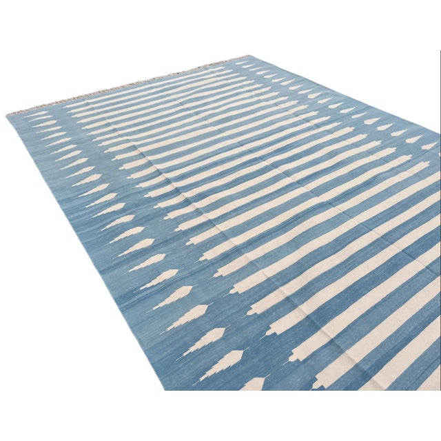 Mid-Century Modern Handmade Cotton Flat Weave Area Rug, Sky Blue and White Striped Dhurrie - 10'x14' For Sale - Image 3 of 14