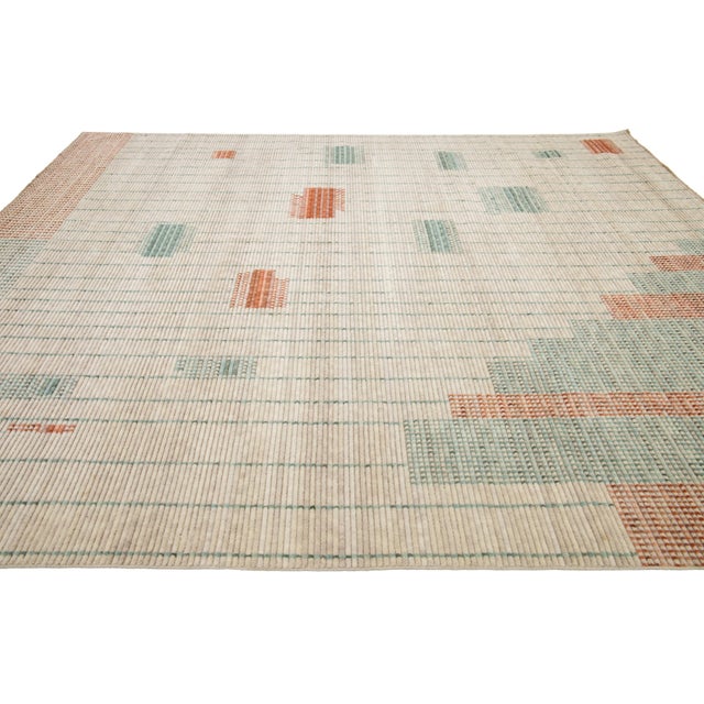 2020s Modern Hand Loom Beige Wool Rug With Geometric Design For Sale - Image 5 of 11