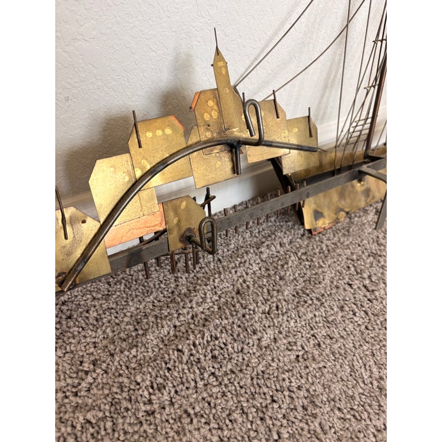 Copper 1970s Signed Curtis Jere Mid-Century Modern Sailing Ship & Harbor Village Wall Sculpture For Sale - Image 8 of 9