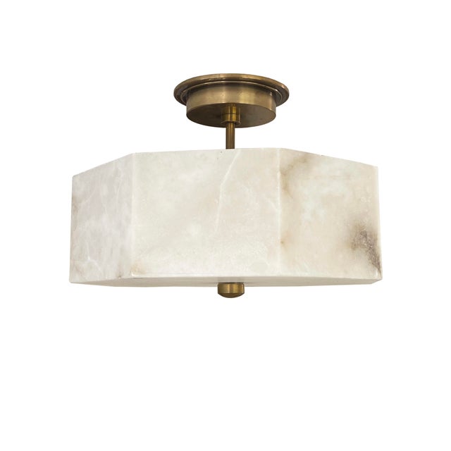 Modern Late 20th Century Modern Alabaster & Brass Flush Mount Ceiling Light For Sale - Image 3 of 9