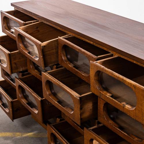 1930’s small set of oak apothecary drawers – sixteen drawers. Good set of glass fronted apothecary drawers featuring...