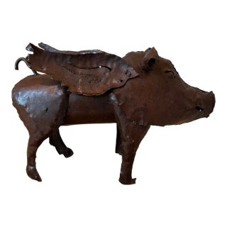 Vintage Brutalist Metal Winged Pig Folk Art Sculpture For Sale