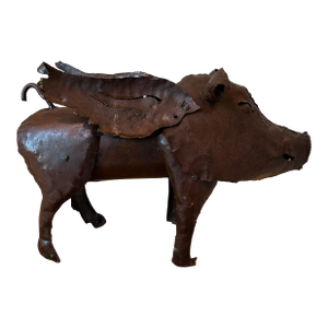 Vintage Brutalist Metal Winged Pig Garden Sculpture