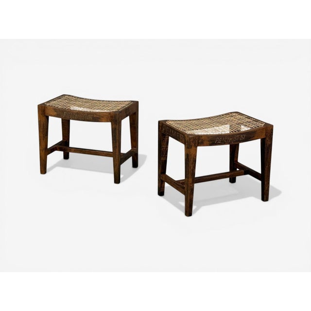 Mid-Century Modern Pierre Jeanneret, Rectangular Low Stools, Teak, Cane, Chandigarh, India, 1960s For Sale - Image 3 of 10