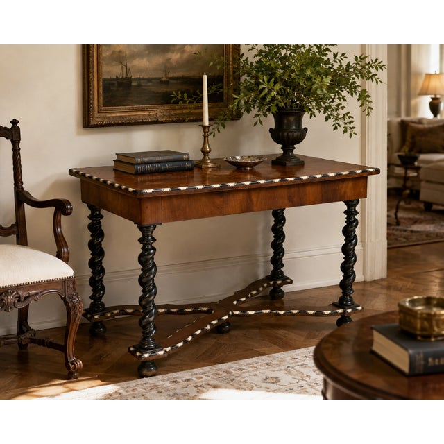 19th-Century Dutch Baroque Revival Marquetry Table w/ Ebonized Barley-Twist Legs Dimensions Height: 30 in. Width: 46 in....