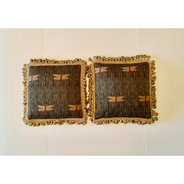 Traditional Late 20th Century Custom Made Dragonflies Down Insert Cushions - a Pair For Sale - Image 3 of 6